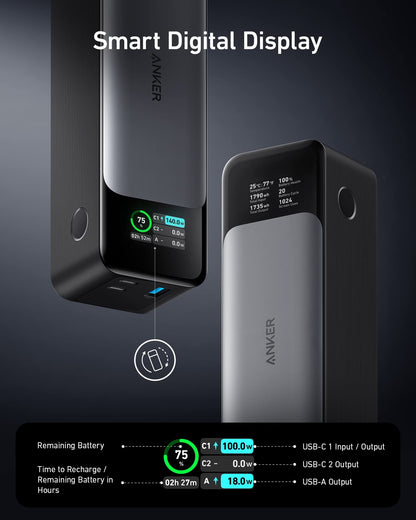 Anker Power Bank, 24,000 mAh 3-Port Portable Charger with 140W Output, Smart Digital Display, Compatible with iPhone 15/15 Plus/15 Pro/15 Pro Max, iPhone 14/13 Series, Samsung, MacBook, Dell, AirPods