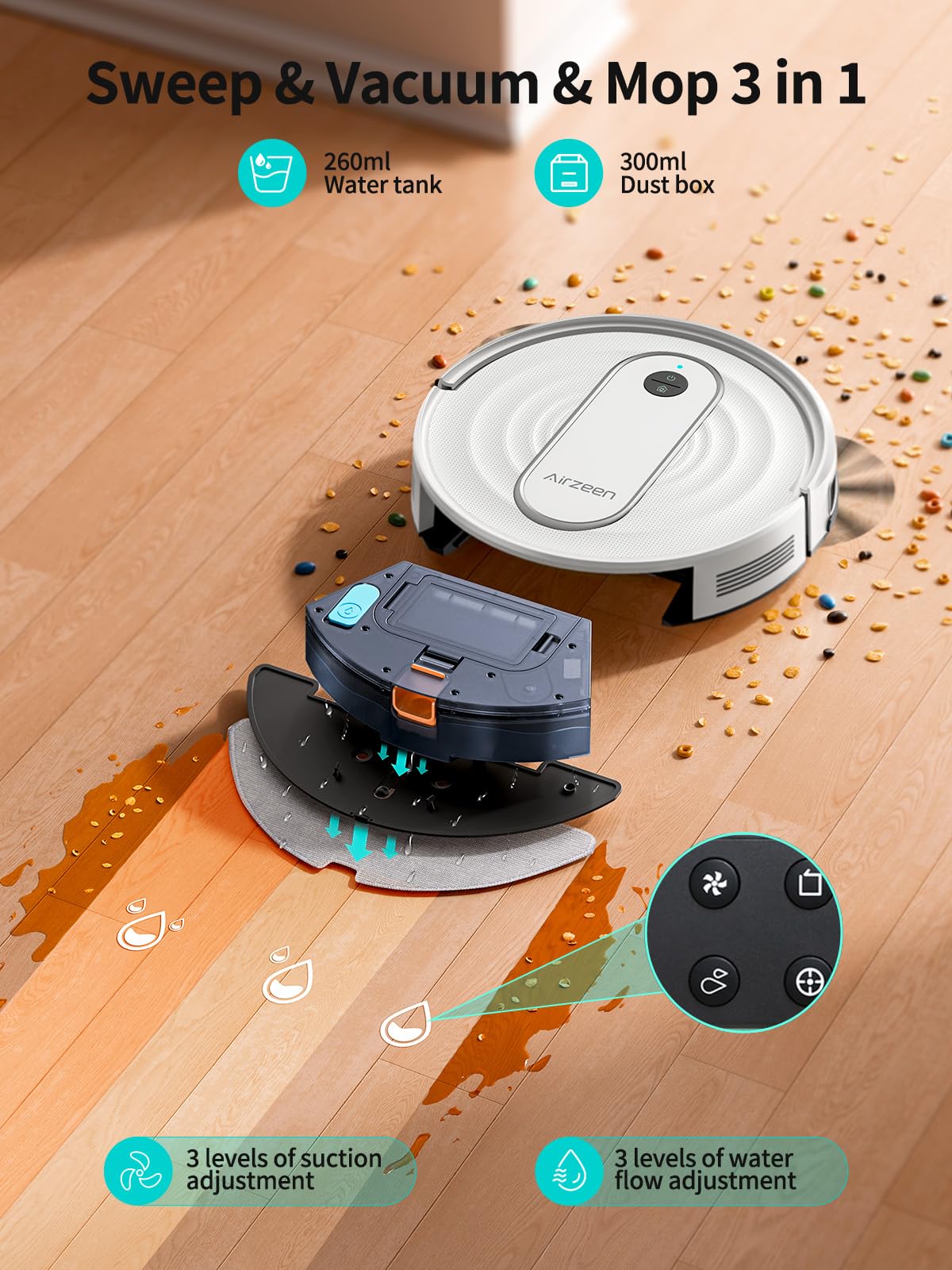 Airzeen Robot Vacuums, Sweep/Vacuum/Mop 3 in 1 Robot Vacuums and mop with 4000Pa Suction, WiFi/APP/Alexa/Remote, Ultra-Thin, Schedule Settings, Self-Charging, Ideal for Hard Floor, Pet Hair