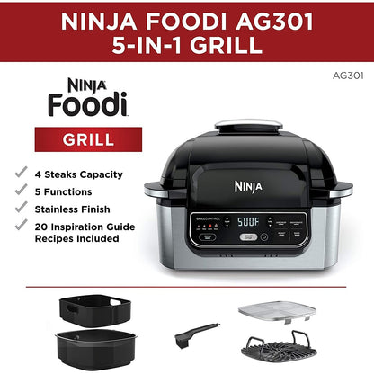 Ninja Foodi 5-in-1 4-qt. Air Fryer, Roast, Bake, Dehydrate Indoor Electric Grill (AG301), 10" x 10", Black and Silver