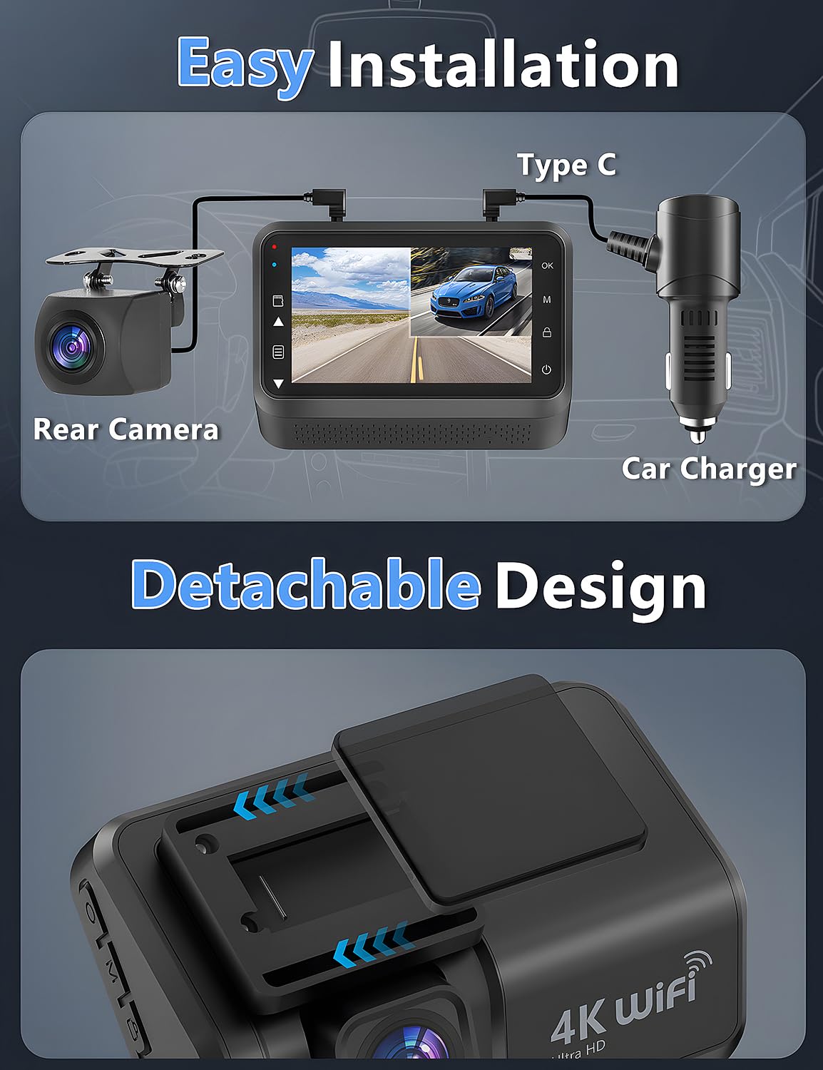 Dash Cam Front and Rear Camera Otovoda, 4K+1080P WiFi Dual Dash Cam with APP, 3’’ IPS Dash Camera for Cars with Free 64GB Card, Dashboard Camera with Night Vision, 24/7 Parking Monitor, WDR