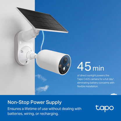 TP-Link Tapo SolarCam 2K, Outdoor Battery Camera w/Solar Panel Base, Wireless Camera, 2K QHD, 150° Super-Wide FOV, Free Person/Vehicle/Pet Detection, SD/Cloud Storage, Starlight Color Night Vision