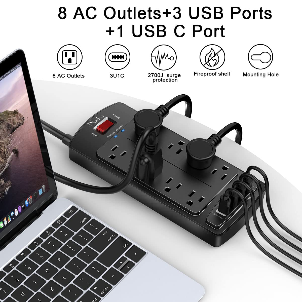 6Ft Extension Cord Power Bar, Nuetsa Surge Protector 8 AC Outlets and 4 USB Ports(3U1C), 6 Feet Power Strip (1625W/13A) for for Home, Office, 2700 Joules, ETL Listed, Black