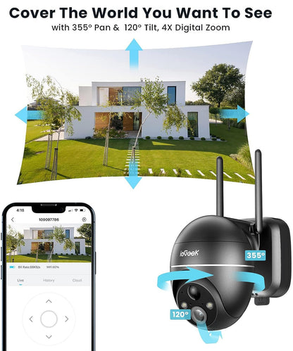 ieGeek 5MP Solar Security Camera Outdoor, 2.4Ghz Wireless WiFi Battery Powered Home Surveillance System, 360° PTZ Cam with Motion Sensor, Smart Siren, Spotlight, Color Night Vision, Works with Alexa