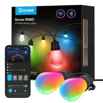 Govee Smart Outdoor String Lights, RGBIC Warm White 48ft LED Bulbs for Christmas Decorations, WiFi Patio Lights Work with Alexa, APP Control, IP65 Waterproof, Dimmable for Balcony, Backyard