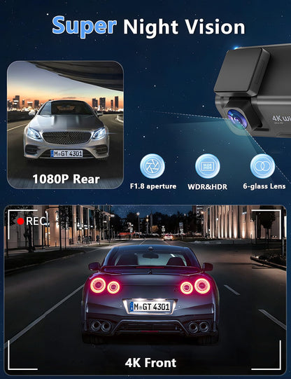 Dash Cam Front and Rear Camera Otovoda, 4K+1080P WiFi Dual Dash Cam with APP, 3’’ IPS Dash Camera for Cars with Free 64GB Card, Dashboard Camera with Night Vision, 24/7 Parking Monitor, WDR