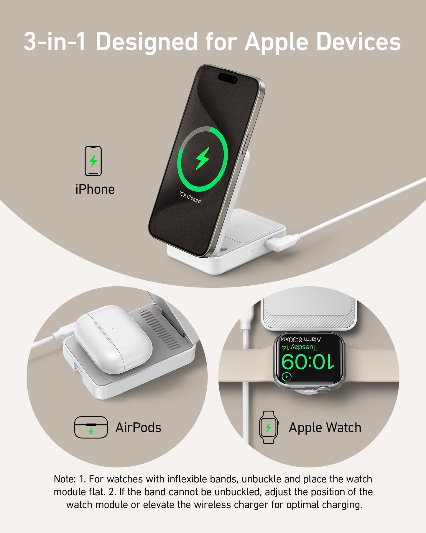 Anker MagGo 3-in-1 Charging Station, Qi2 Certified 15W MagSafe-Compatible Wireless Charger Stand, Apple Watch Charger for MagSafe, For iPhone 15/14, AirPods, Apple Watch 9 (40W USB-C Charger Included)