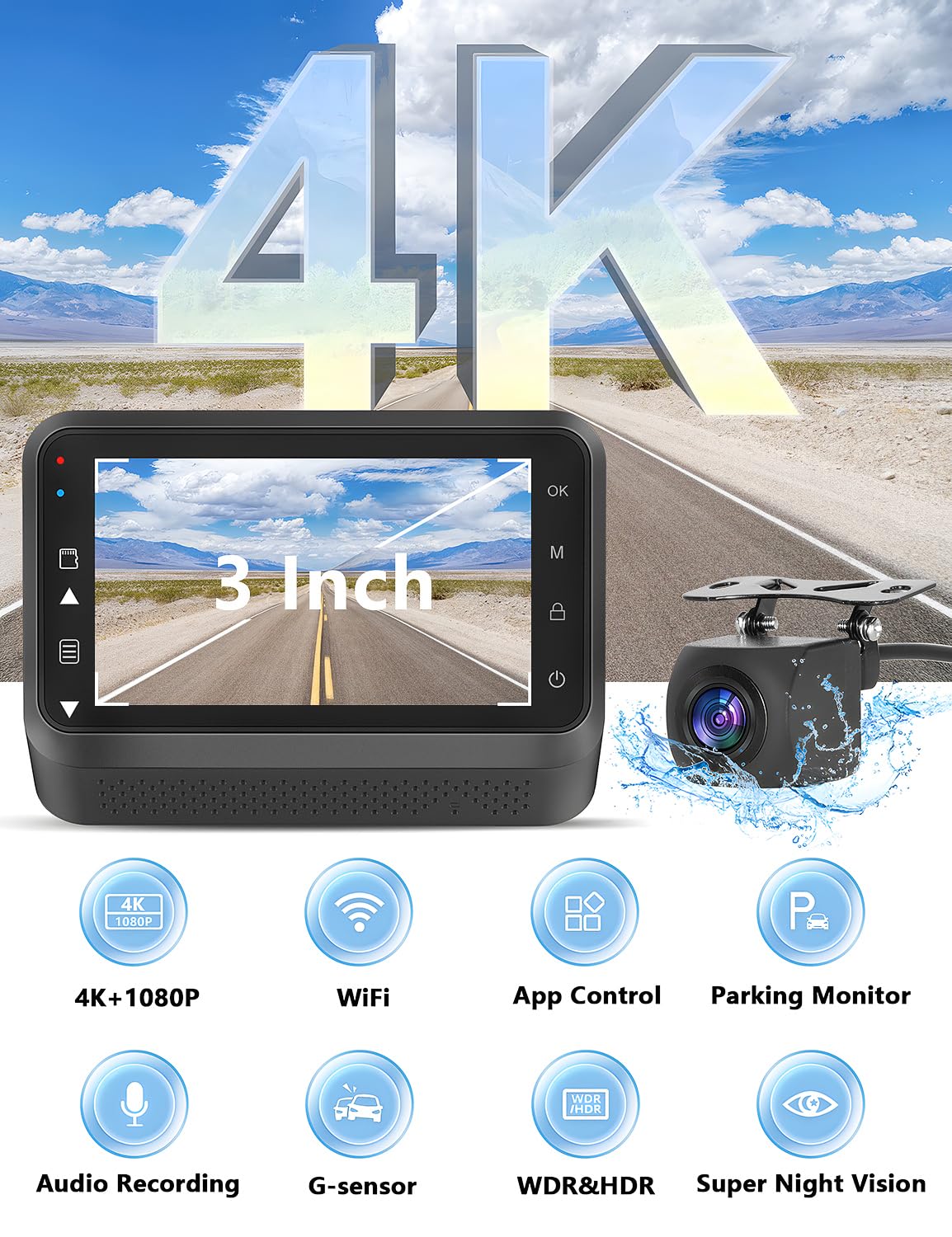 Dash Cam Front and Rear Camera Otovoda, 4K+1080P WiFi Dual Dash Cam with APP, 3’’ IPS Dash Camera for Cars with Free 64GB Card, Dashboard Camera with Night Vision, 24/7 Parking Monitor, WDR