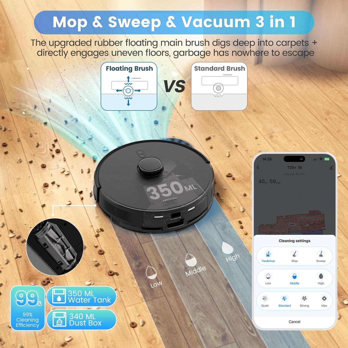 AIRROBO Robot Vacuums and Mop Combo, Self-Emptying, 60-Day Capacity, Home Mapping, Schedule, Wi-Fi/App/Alexa/Remote, 180mins Runtime, T20+ Robotic Vacuum Cleaner for Pet, Hard Floors, Carpet