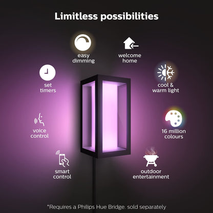 Philips Hue Impress Outdoor Smart Wall Light, Black - 16W, White and Color Ambiance LED Light - 1 Pack - Requires Hue Bridge and Outdoor Power Supply - Control with Hue App and Voice - Weatherproof