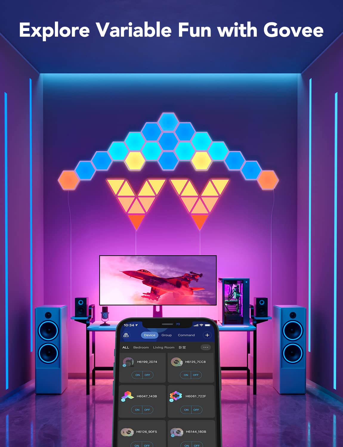 Govee Glide Hexa Light Panels, RGBIC Hexagon Lights, Wi-Fi Wall Lights, DIY Design, Music Sync, App Control, Works with Alexa & Google Assistant, for Gaming, Holiday and Decor, 10 LED Panels