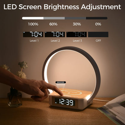 Blonbar Bedside Lamp Qi Wireless Charger LED Desk Lamp with Alarm Clock, Touch Control 3 Light Hues, 10W Max Wireless Charging Table Lamp，Eye-Caring Reading Light for Kids, Adults, Home.