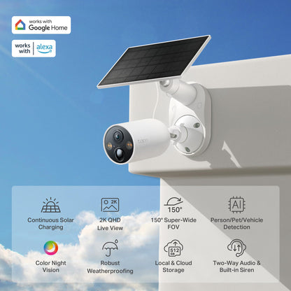 TP-Link Tapo SolarCam 2K, Outdoor Battery Camera w/Solar Panel Base, Wireless Camera, 2K QHD, 150° Super-Wide FOV, Free Person/Vehicle/Pet Detection, SD/Cloud Storage, Starlight Color Night Vision