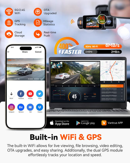 Vantrue N2X 2.7K Front and Inside Dual Dash Cam, 5G WiFi Voice Control Dash Camera for Car with IR HDR Night Vision, STARVIS 2, 60FPS, Support LTE, GPS, 24/7 Buffered Parking Mode, Support 512GB Max