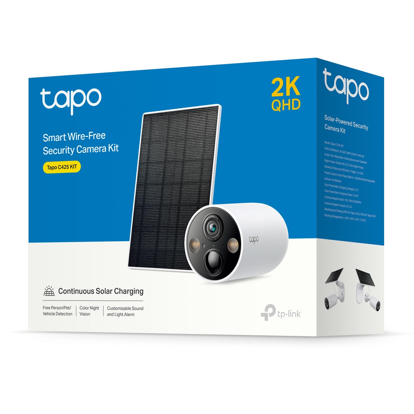 TP-Link Tapo SolarCam 2K, Outdoor Battery Camera w/Solar Panel Base, Wireless Camera, 2K QHD, 150° Super-Wide FOV, Free Person/Vehicle/Pet Detection, SD/Cloud Storage, Starlight Color Night Vision