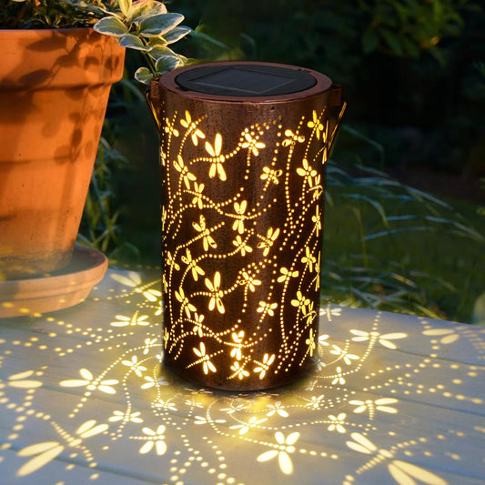 Fohil Solar Lanterns Outdoor Hanging Dragonflies Lantern Lights Waterproof, Dragonfly Hollowed-Out Metal Solar Powered LED Garden Light - Delicate Garden Decor for Patio, Yard, Pathway, Landscape