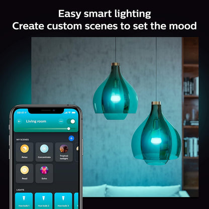 Philips Hue Smart Light Starter Kit - Includes (1) Bridge, (1) Smart Button and (3) Smart 75W A19 LED Bulbs - White and Color Ambiance - 1100LM - E26 - Control with Hue App or Voice Assistant