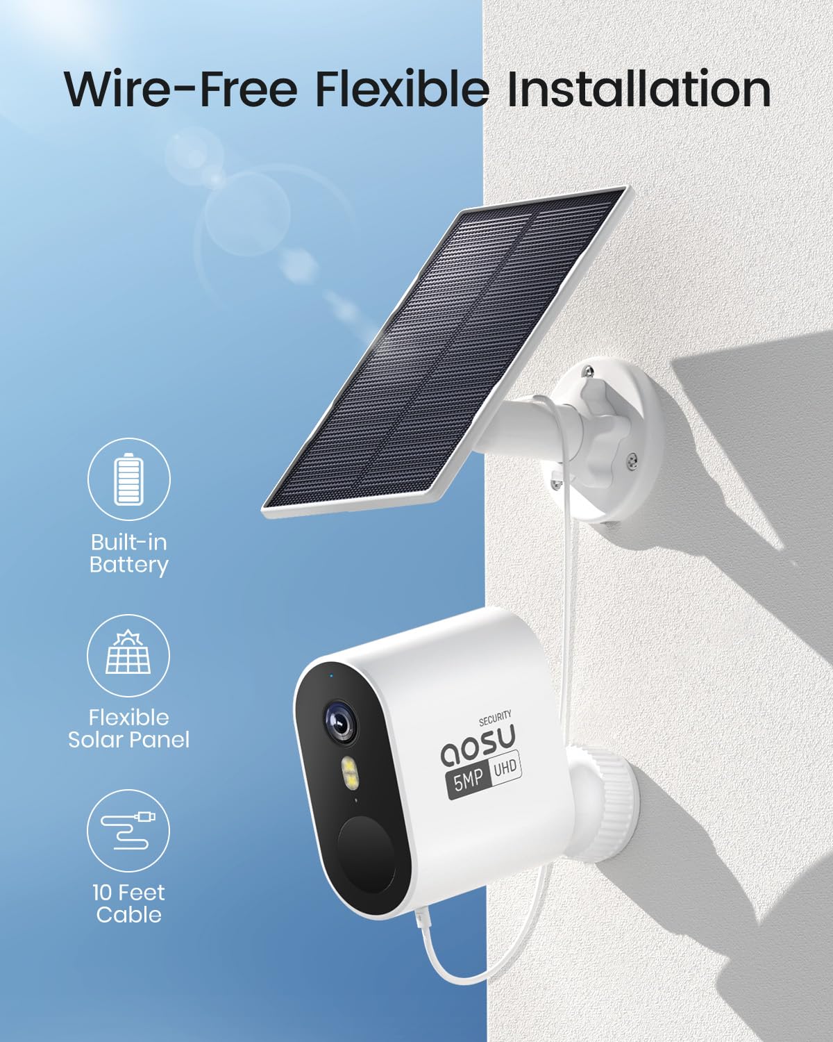 AOSU 5MP/3K Solar Security Cameras System Add-on Camera, Requires AOSU HomeBase, Not for Standalone Use, Supports up to 4 Cameras Simultaneously