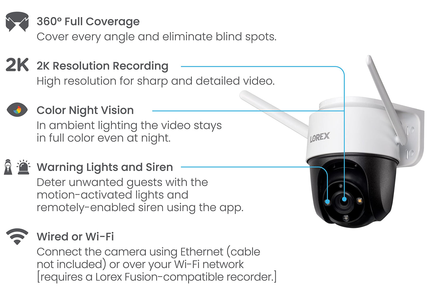 Lorex 2K Pan-Tilt Indoor/Outdoor WiFi Security Camera - Home Security Camera with 360 View Auto-Tracking, Color Night Vision, Person Detection, Warning Light/Siren - Surveillance Camera w/Phone App