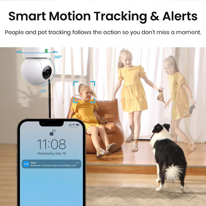 AOSU 2K Security Camera Indoor, 3MP Baby Monitor Pet Dog Camera, One-Touch Call, Support 5G & 2.4G WiFi, 360° Pan-Tilt Motion Tracking, Home Surveillance Camera, Night Vision, Compatible with Alexa