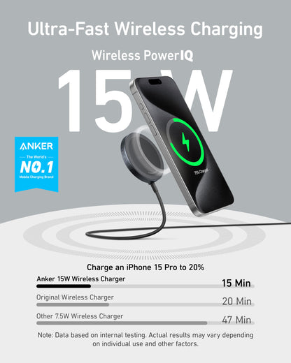 Anker MagSafe Charger Pad Compatible, MagGo iPhone 16 Wireless Charging Pad, Qi2 Certified 15W Wireless Charger, for iPhone 16/16 Plus/16 Pro/16 Pro Max/15/14/13/12 Series (Charger Not Included)