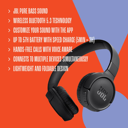 JBL Tune 520BT - Wireless On-Ear Headphones, Up to 57H Battery Life and Speed Charge, Lightweight, Comfortable and Foldable Design, Hands-Free Calls with Voice Aware (Blue)