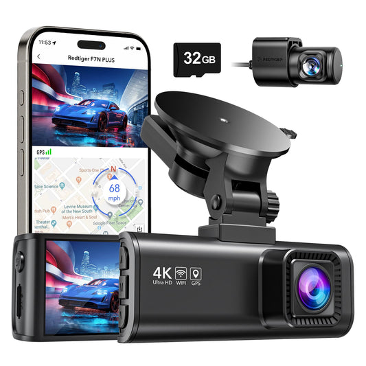 REDTIGER Dash Cam Front Rear, 4K/2.5K Full HD Dash Camera for Cars, 32GB Card Included, Built-in Wi-Fi GPS, 3.18” IPS Screen, Night Vision, 170°Wide Angle, WDR, 24H Parking Mode(F7NP)