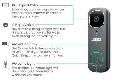 Lorex 1080p Resolution Wired Video Doorbell - Front Door Security with Motion Detection Camera and 2-Way Talk - Surveillance for Front Door, Home and Business