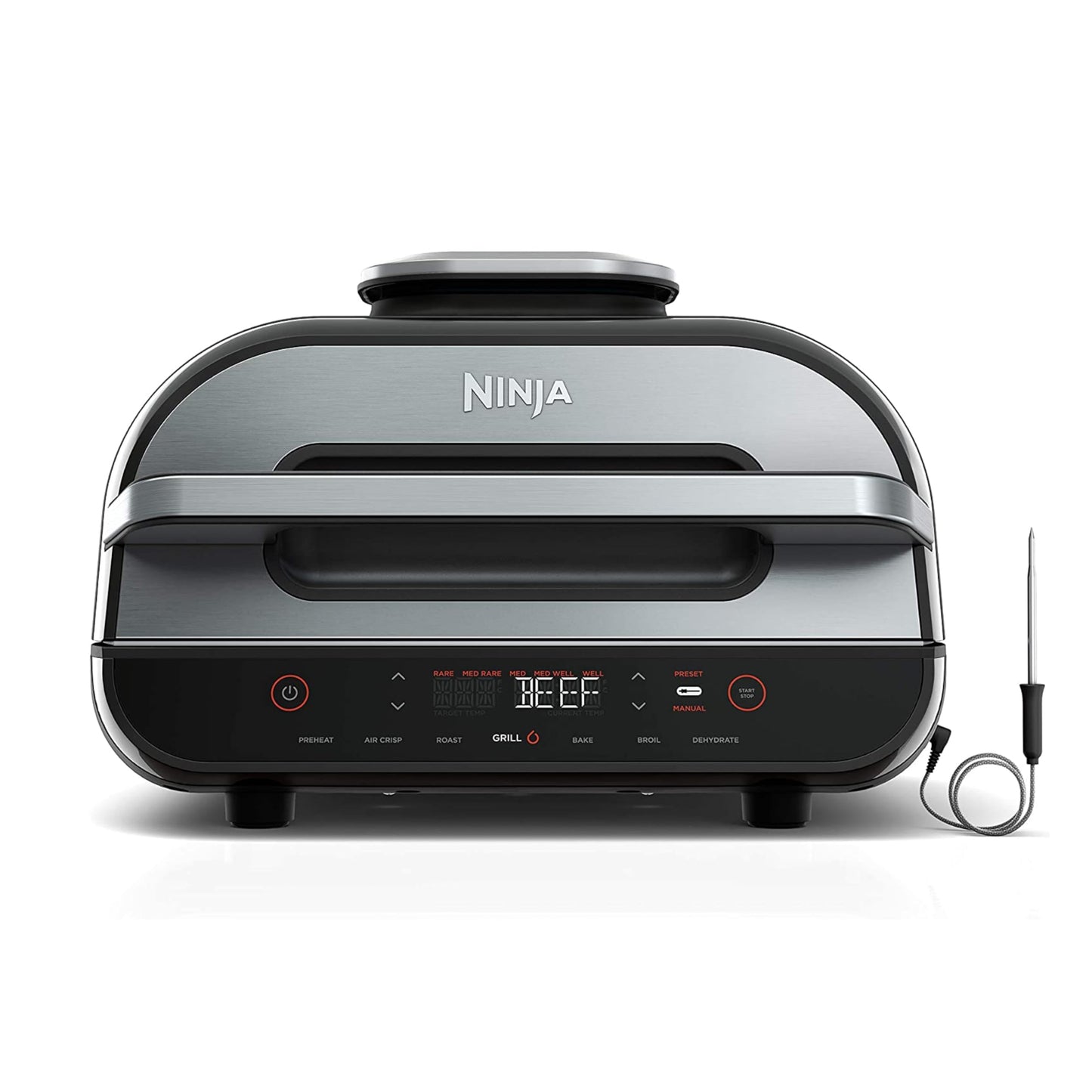 Ninja FG551 Foodi Smart XL 6-in-1 Indoor Grill with Air Fry, Roast, Bake, Broil & Dehydrate, Smart Thermometer, Black/Silver