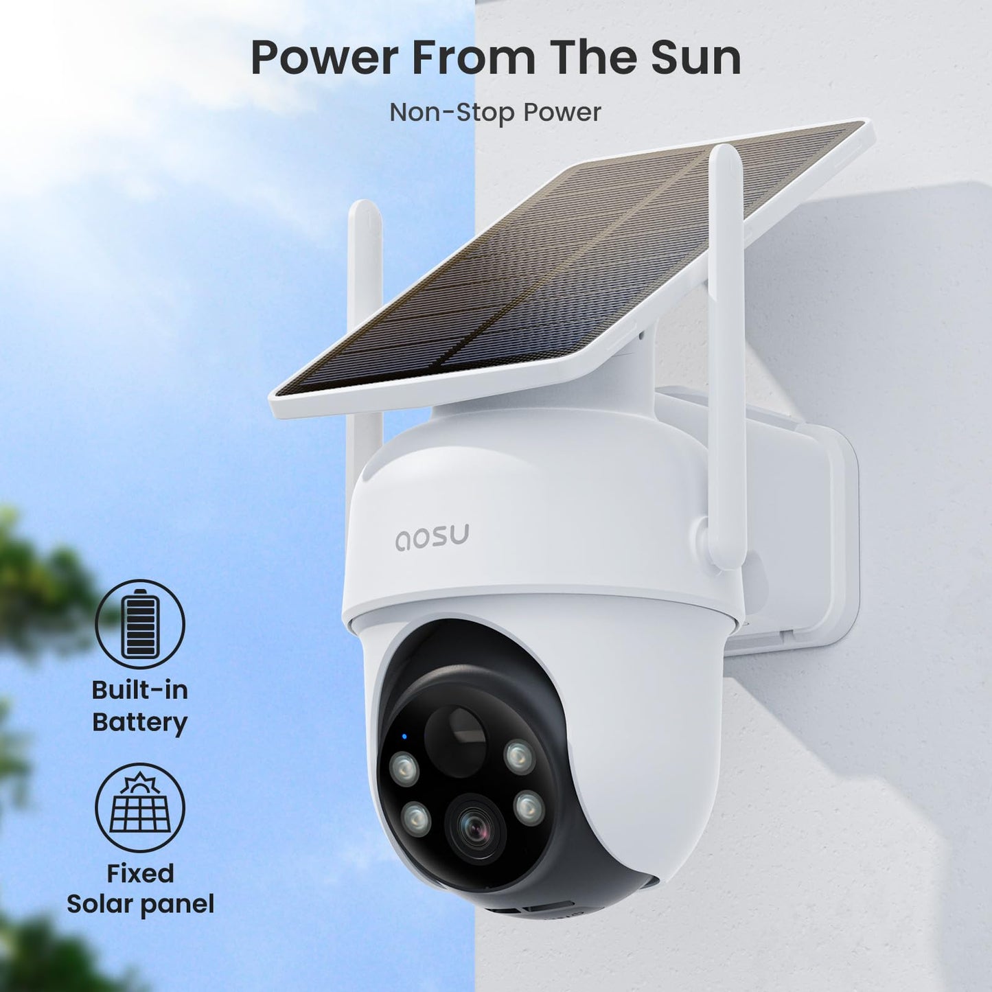 AOSU Solar Home Security Cameras System, 2-Cam Kit, 2K QHD Wireless Security Outdoor Camera, Auto Cross-Tracking, 360° Pan & Tilt, Color Night Vision, 32GB Homebase Local Storage, No Monthly Fee