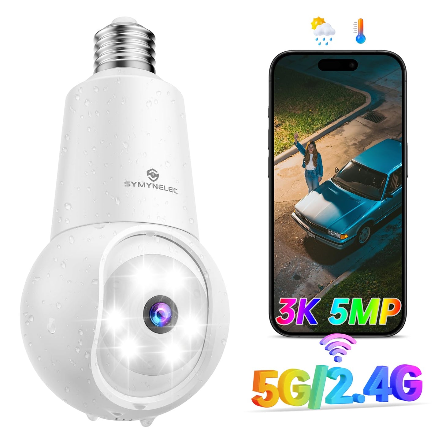 SYMYNELEC 3K 5GHz/2.4GHz Light Bulb Security Camera Outdoor, AI Human/Vehicle Detection Motion Tracking 2-Way Talk Spotlight Color Night Vision Siren Real-time Alarm Compatible with Alexa