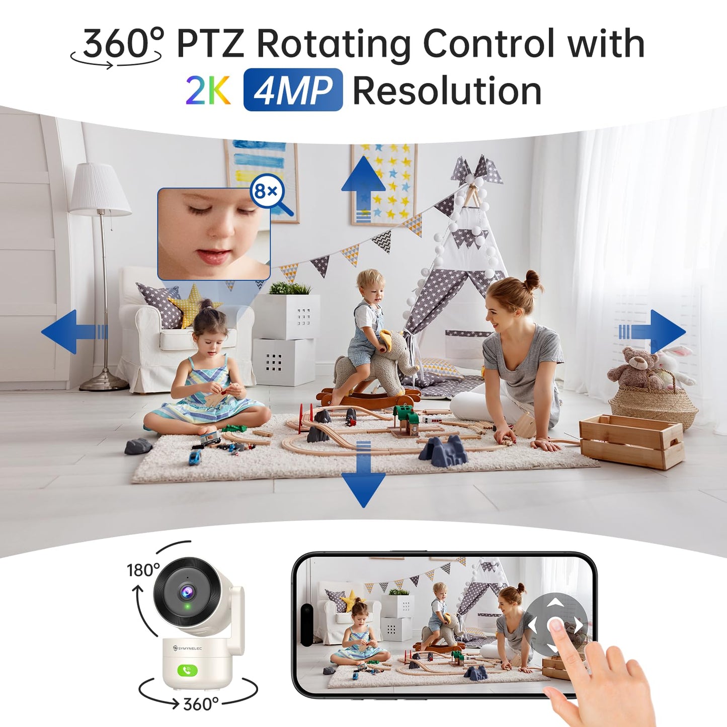 SYMYNELEC 5GHz/2.4GHz Indoor Security WiFi Camera, Smart Baby & Pet Monitor with One-Touch Call 360° AI Human Motion Tracking Cry Detection 2K 4MP PTZ IR Night Vision 2-Way Talk Siren Works with Alexa