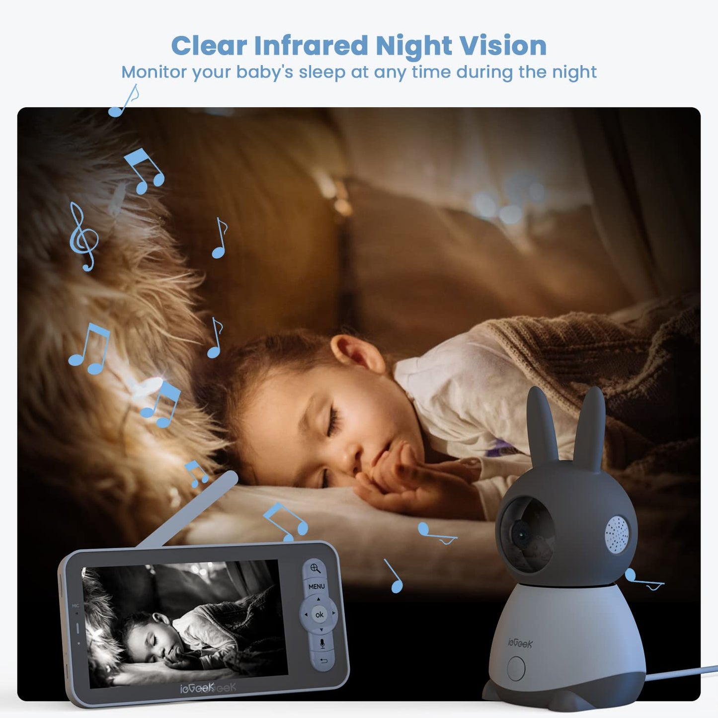 ieGeek 2K Baby Monitor (Moniteur Bébé), 360° AI & Cry Detection Video Baby Monitor Camera w/ 5" Wireless Display, Mobile APP Control & Non WiFi LCD Monitor,2 Way Audio, Temperature,Lullabies