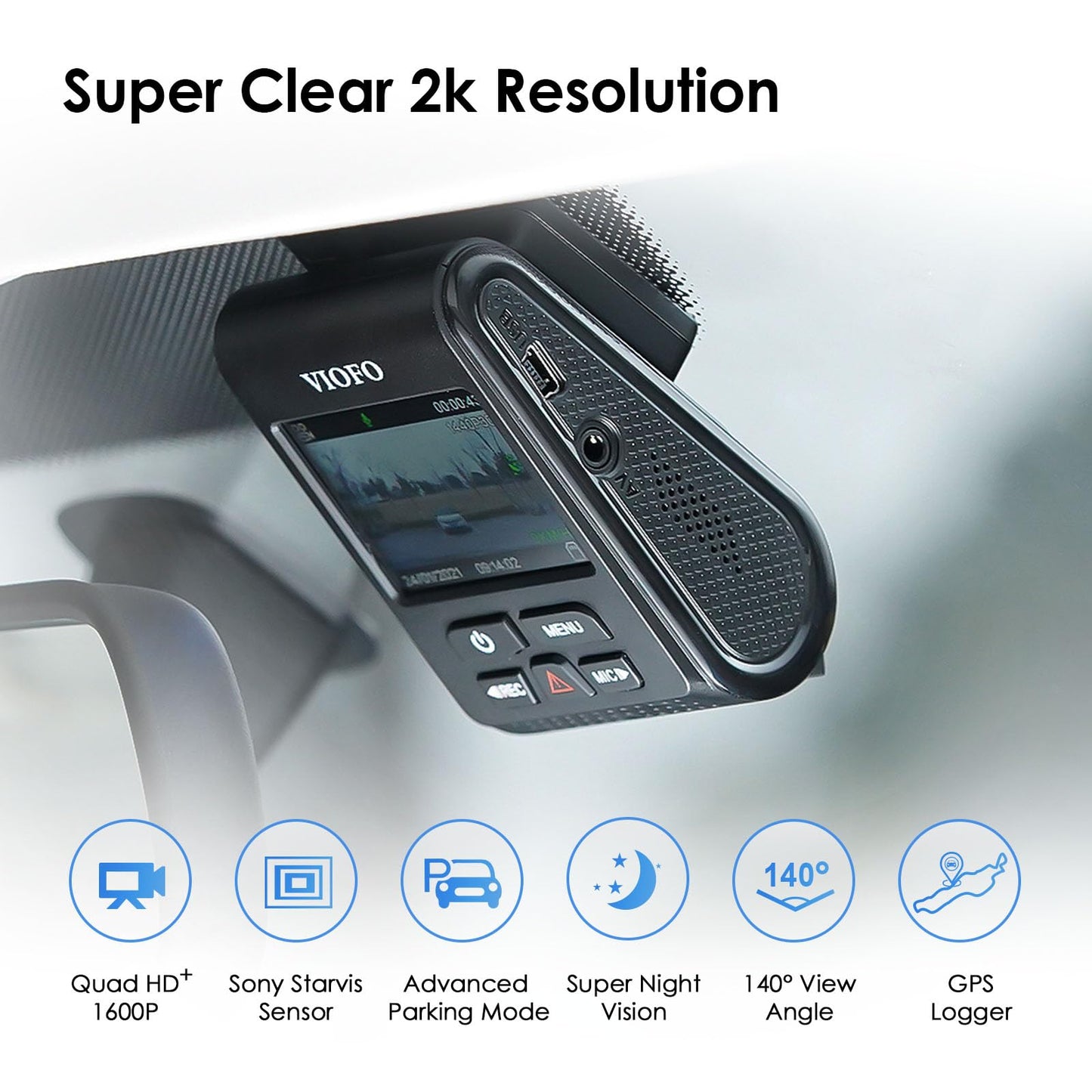 VIOFO A119 V3 Dash Cam 2K, GPS, True HDR, Buffered Parking Mode 24h, 2560x1660P Quad HD+ Car Dash Camera, Ultra Clear Night Vision, 140 Deg Wide Angle, Motion Detection, G-Sensor, Time Lapse, Loop Record