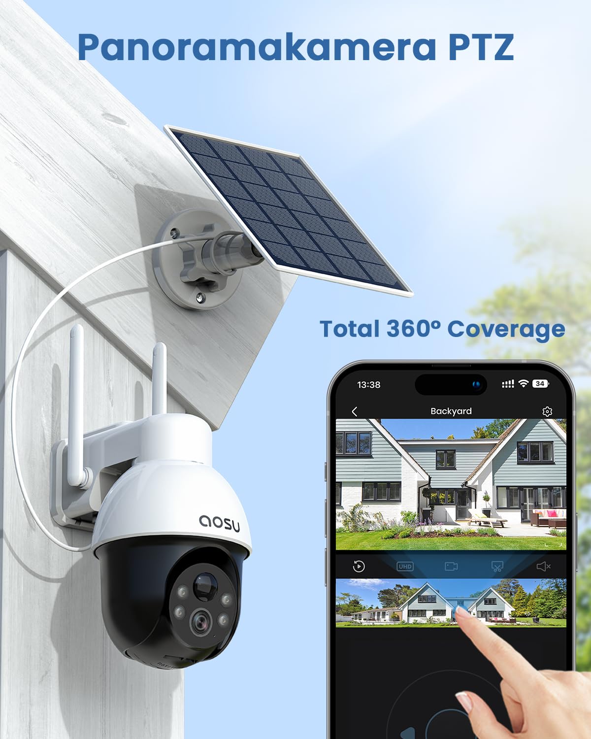 AOSU 3K/5MP Solar Security Cameras Wireless Outdoor, WiFi Camera Surveillance Exterieur for Home Security, Panoramic PTZ, Auto Tracking, Human/Vehicle Detection, Night Vision (2 Pack)