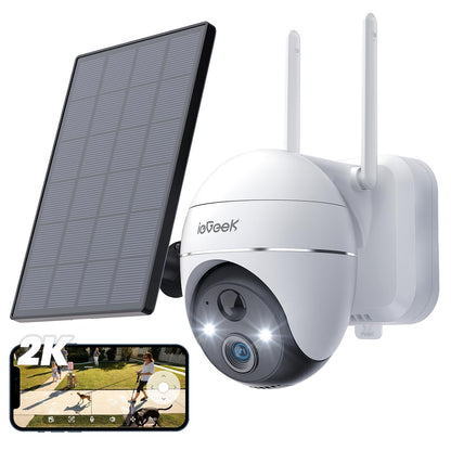 Solar Security Camera Outdoor, ieGeek 2K Camera Surveillance Exterieur, 360°PTZ Wireless Battery Home Security Camera with AI Motion Sensor, Light&Smart Siren, 3MP Color Night vision, Works with Alexa