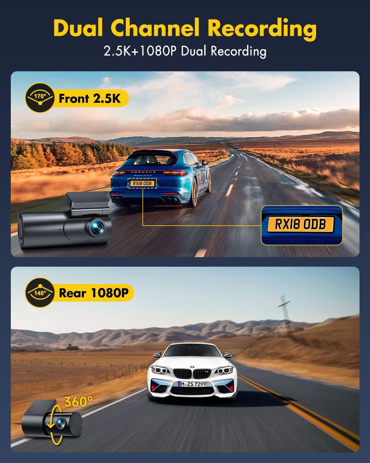 GKU 4K Dash Cam Front and Rear Camera, 4K+1080P Dual Dashcams for Cars with 64GB SD Card, WiFi & App Control, Night Vision, Parking Mode, G-Sensor, Loop Recording,WDR,170° Wide Angle