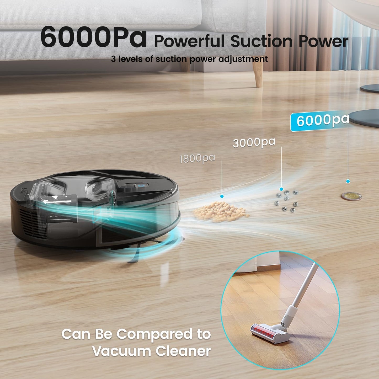 Lefant M320 Robot Vacuum and Mop Combo, 6000Pa Strong Suction Robotic Vacuum Cleaner, 210 Min Runtime, Self-Charging, Visible 800ML Dustbin, Alexa/APP/WiFi, Ideal for Pet Hair, Black