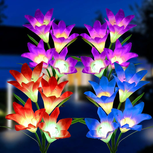 Fohil Solar Garden Flower Lights Outdoor, 4 Pack Color Changing Solar Garden Lights with 16 Lily Flowers, Waterproof Solar Lights Outdoor Garden Decorative for Pathway, Walkway, Patio, Yard, Lawn