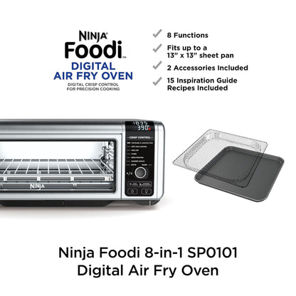 Ninja Foodi 8-in-1 Digital Air Fry Oven, Large Toaster Oven, Flip-Away For Storage, Dehydrate, Keep Warm, 1800 Watts, Stainless (SP101C) – Canadian Version