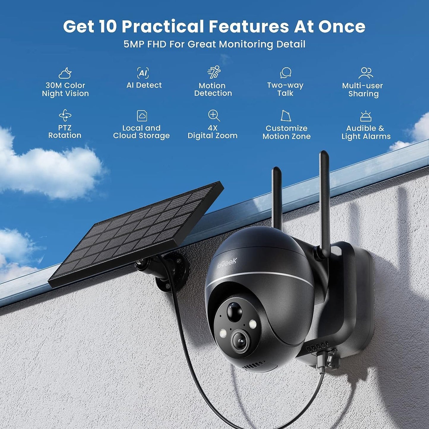 ieGeek 5MP Solar Security Camera Outdoor, 2.4Ghz Wireless WiFi Battery Powered Home Surveillance System, 360° PTZ Cam with Motion Sensor, Smart Siren, Spotlight, Color Night Vision, Works with Alexa