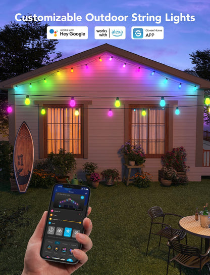 Govee Smart Outdoor String Lights, RGBIC Warm White 48ft LED Bulbs for Christmas Decorations, WiFi Patio Lights Work with Alexa, APP Control, IP65 Waterproof, Dimmable for Balcony, Backyard