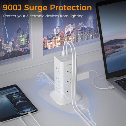Surge Protector Power Bar Tower, TESSAN Flat Plug Extension Cord 6 Ft with 12 AC Outlets 3 USB Ports (1 USB C), 1050J Multiple Plug Charging Station for Home, Office Supplies, Dorm Room Essentials