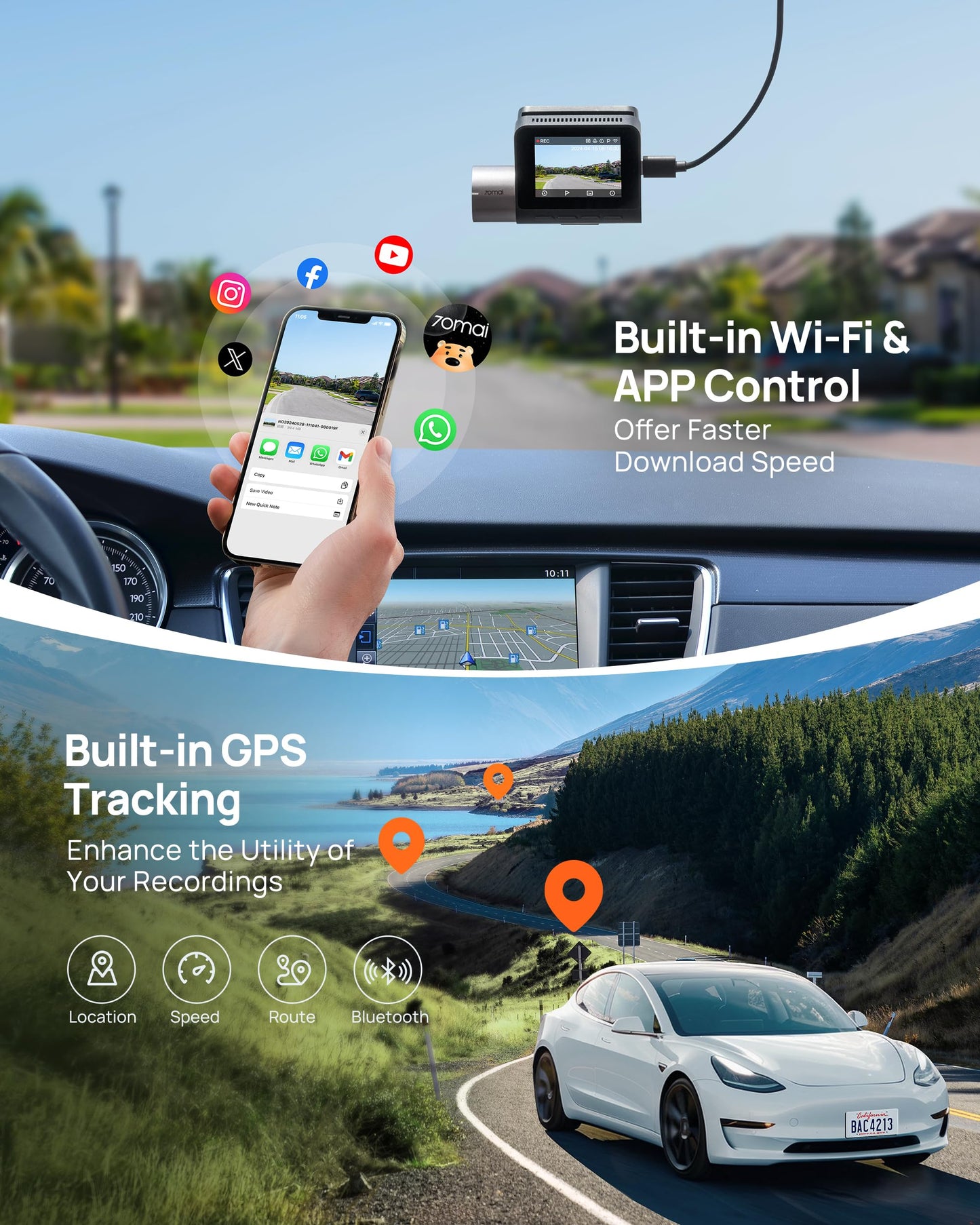 70mai 2.7K Dash Cam Front and Rear A500S, 1944P UHD Dashcam for Cars, ADAS, Built in WiFi GPS, Sony IMX335, 2'' IPS LCD Screen, 140° FOV, WDR, Super Night Vision, 24-Hour Parking Mode, Time-Lapse