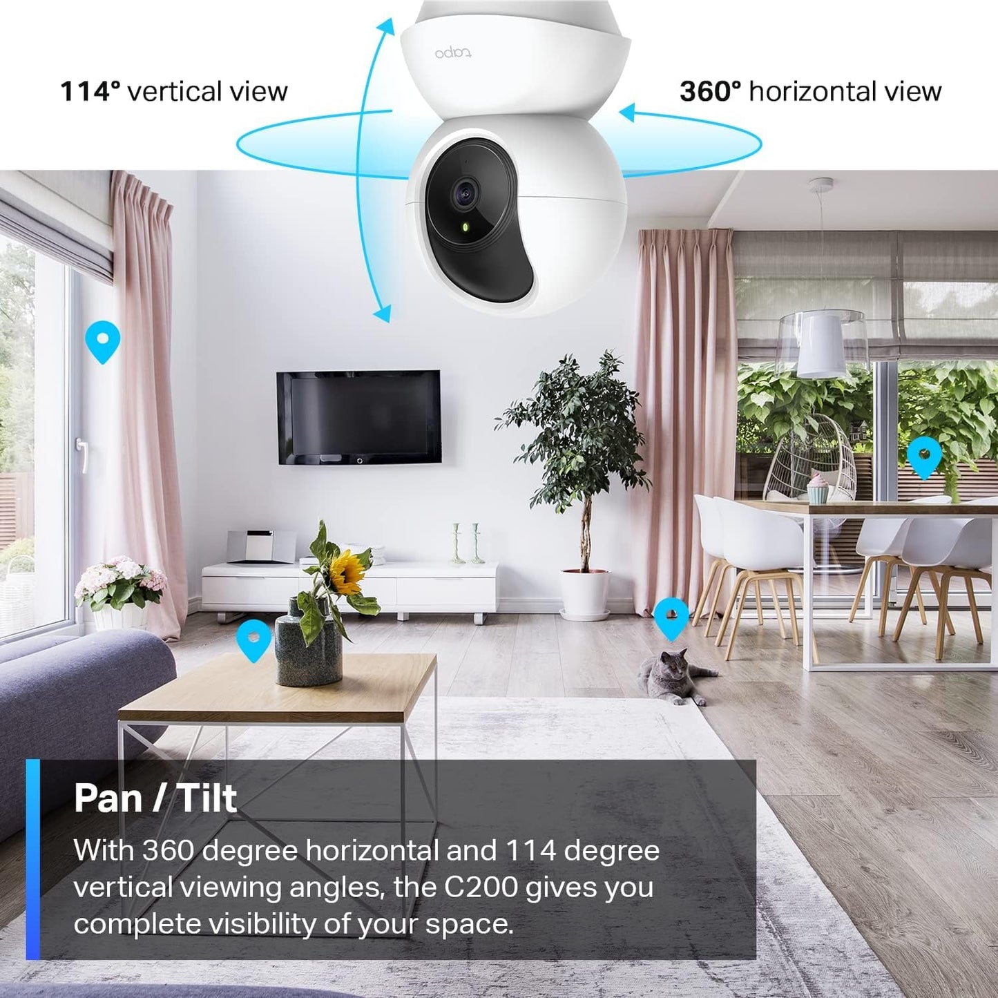 TP-Link Tapo Smart Pan/Tilt Indoor Security Camera, 360° Motion Tracking, 1080p Full HD WiFi Camera for Pet/Baby, Night Vision, 2-Way Audio, 128 GB Local Storage, Works w/Alexa & Google (Tapo C200)