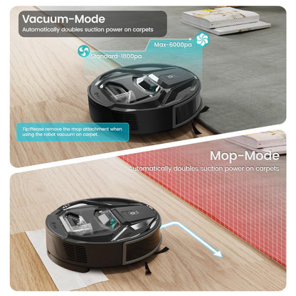 Lefant M320 Robot Vacuum and Mop Combo, 6000Pa Strong Suction Robotic Vacuum Cleaner, 210 Min Runtime, Self-Charging, Visible 800ML Dustbin, Alexa/APP/WiFi, Ideal for Pet Hair, Black