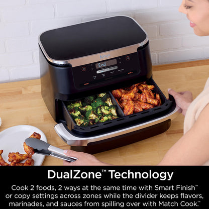 Ninja DZ071 Foodi 6-in-1 FlexBasket Air Fryer with 7-QT MegaZone & Basket Divider for Large Proteins & Full Meals, Smart Finish Cook 2 Foods 2 Ways, Family Sized Capacity, Air Fry, Roast & More, Black